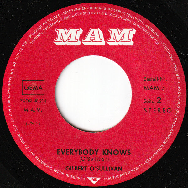 Gilbert O'Sullivan : Nothing Rhymed / Everybody Knows (7")