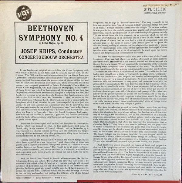 Ludwig van Beethoven, Josef Krips, Concertgebouworkest : Symphony No. 4 In B-Flat Major, Op 60 (LP)