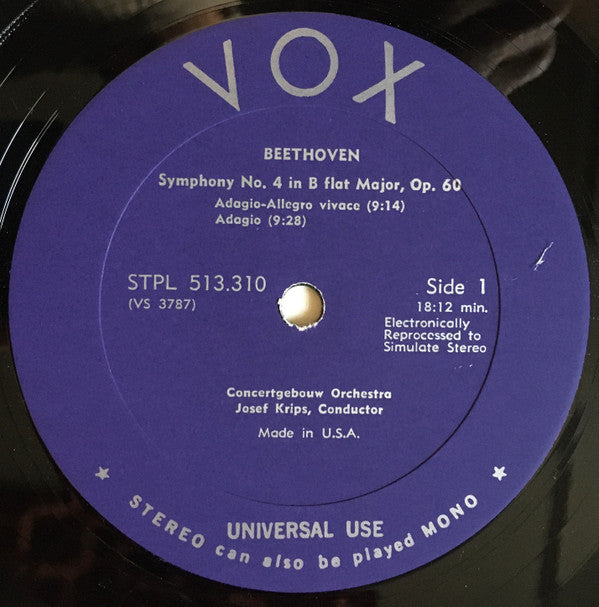 Ludwig van Beethoven, Josef Krips, Concertgebouworkest : Symphony No. 4 In B-Flat Major, Op 60 (LP)