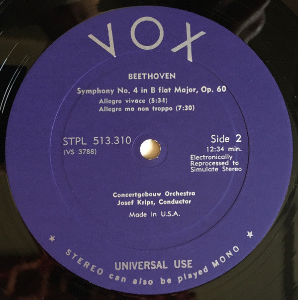 Ludwig van Beethoven, Josef Krips, Concertgebouworkest : Symphony No. 4 In B-Flat Major, Op 60 (LP)