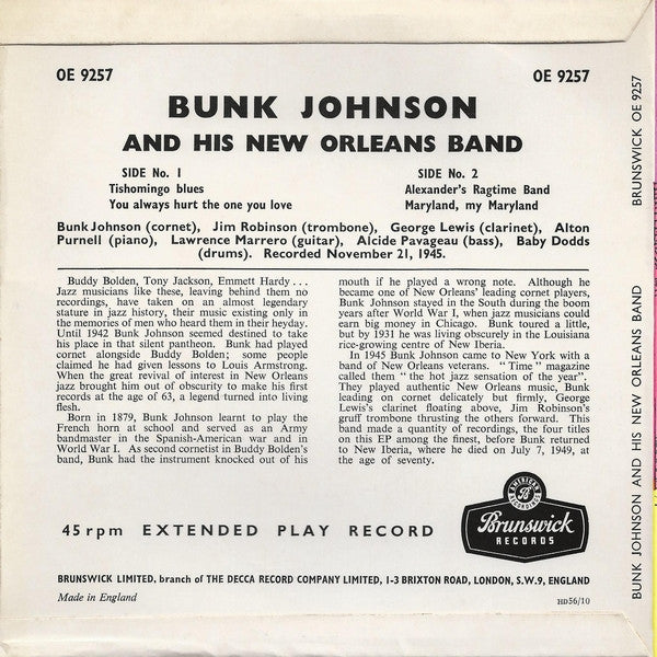 Bunk Johnson And His New Orleans Band : Tishomingo Blues (7", EP, RP, Tri)