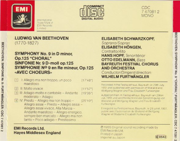 Ludwig Van Beethoven – Wilhelm Furtwängler / Elisabeth Schwarzkopf, Elisabeth Höngen, Hans Hopf, Otto Edelmann, Orchester der Bayreuther Festspiele & Chor der Bayreuther Festspiele : Symphony No. 9, "Choral" (CD, Album, Mono, RE, RM)