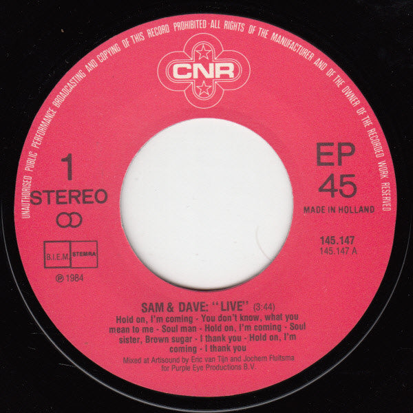 Sam & Dave : Live Medley / Hold On (7", Single)