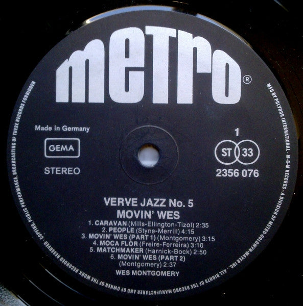 Wes Montgomery : Movin' Wes (LP, Album, RE)
