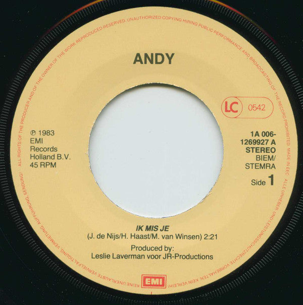 Andy (82) : Ik Mis Je  (7", Single)