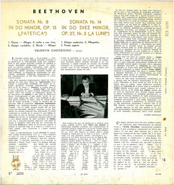 Ludwig van Beethoven / Valentin Gheorghiu : Sonatele Pentru Pian Nr. 8 ("Patetica") Și Nr. 14 ("Sonata Lunii") (LP, Album, RE)