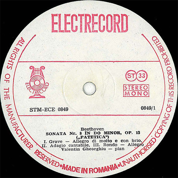 Ludwig van Beethoven / Valentin Gheorghiu : Sonatele Pentru Pian Nr. 8 ("Patetica") Și Nr. 14 ("Sonata Lunii") (LP, Album, RE)