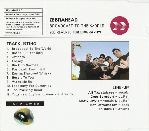 Zebrahead : Broadcast To The World (CD, Album, Promo)