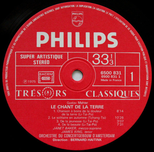 Gustav Mahler - Janet Baker / James King (3), Concertgebouworkest, Bernard Haitink : Le Chant De La Terre (LP, Album, Gat)