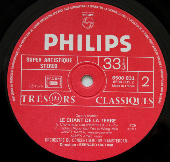 Gustav Mahler - Janet Baker / James King (3), Concertgebouworkest, Bernard Haitink : Le Chant De La Terre (LP, Album, Gat)