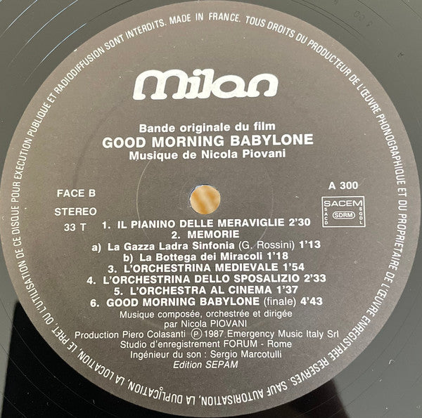 Nicola Piovani : Bande Originale Du Film « Good Morning Babylone » (LP)