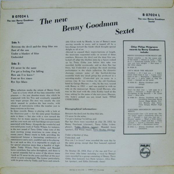 Benny Goodman Sextet : The New Benny Goodman Sextet (LP, Album)