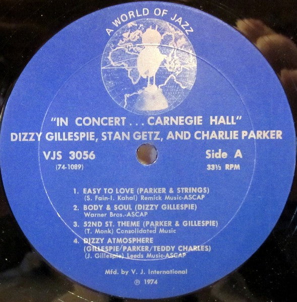 Dizzy Gillespie / Charlie Parker / Stan Getz : In Concert.....Carnegie Hall (LP, Comp)