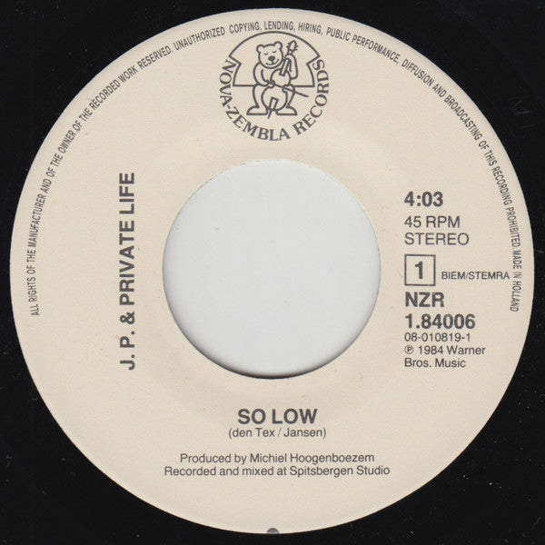 JP den Tex : So Low / Rats In Paradise  (7")