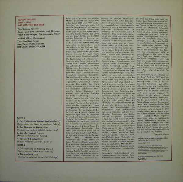 Gustav Mahler - Bruno Walter, New York Philharmonic, Mildred Miller, Ernst Haefliger : Das Lied Von Der Erde (LP, RP)