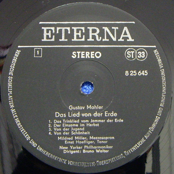 Gustav Mahler - Bruno Walter, New York Philharmonic, Mildred Miller, Ernst Haefliger : Das Lied Von Der Erde (LP, RP)