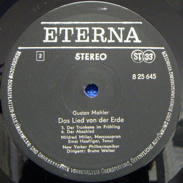 Gustav Mahler - Bruno Walter, New York Philharmonic, Mildred Miller, Ernst Haefliger : Das Lied Von Der Erde (LP, RP)