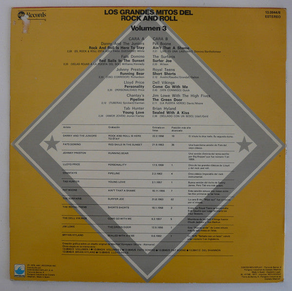 Various : Los Grandes Mitos Del Rock And Roll - Volumen 3 (LP, Comp)