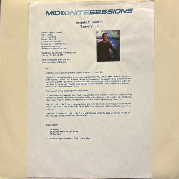 Angelo D'Onorio : Lonely (12", W/Lbl)
