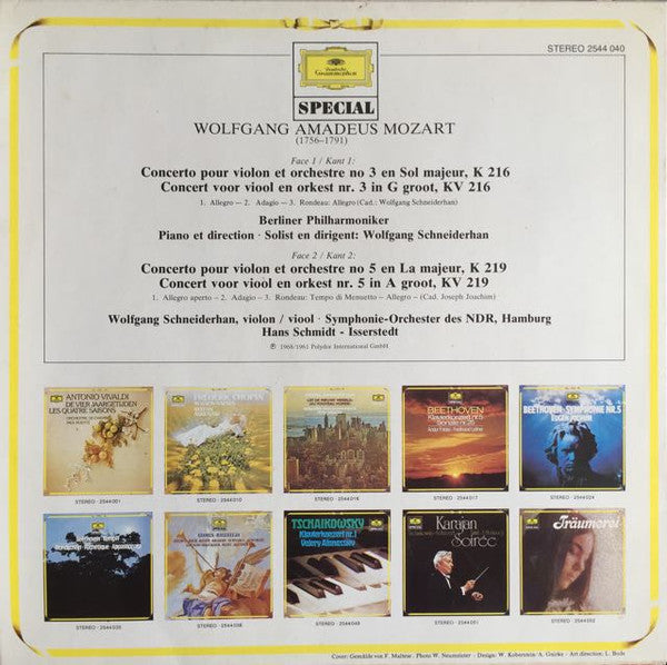 Wolfgang Amadeus Mozart, Wolfgang Schneiderhan : Concerten Voor Viool - Concertos Pour Violon 3 & 5 (LP, Album, RE)