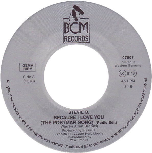 Stevie B : Because I Love You (The Postman Song) / Love Me For Life (7", Single)