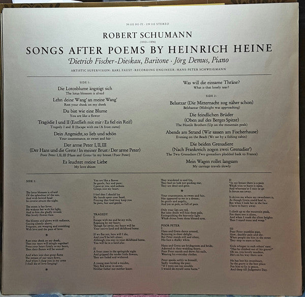 Robert Schumann - Dietrich Fischer-Dieskau • Jörg Demus : Songs On Heine Poems (LP)