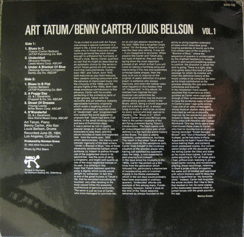 Art Tatum / Benny Carter / Louis Bellson : The Tatum Group Masterpieces Vol. 1 (LP, Album)