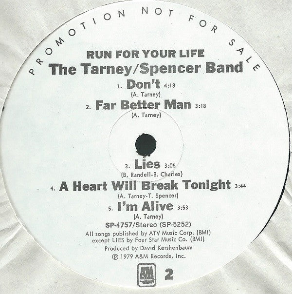 The Tarney/Spencer Band : Run For Your Life (LP, Album, Promo)