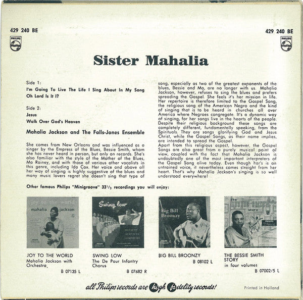 Mahalia Jackson And The Falls-Jones Ensemble : Sister Mahalia (7", EP, Mono)