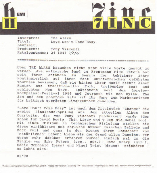 The Alarm : Love Don't Come Easy (7", Single)