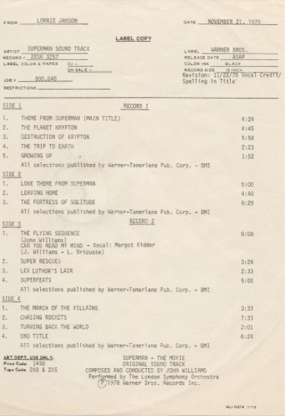 John Williams (4) : Superman The Movie (Original Sound Track) (2xLP, Album, TP)
