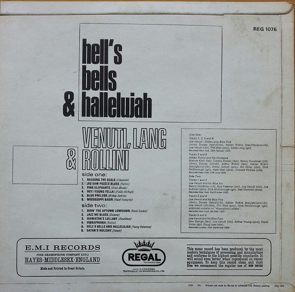 Joe Venuti, Eddie Lang & Adrian Rollini : Hell's Bells & Hallelujah (LP, Comp)