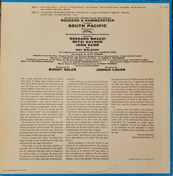 Rodgers & Hammerstein : RCA Victor Presents Rodgers & Hammerstein's South Pacific (An Original Soundtrack Recording) (LP, Album, RE, Ind)