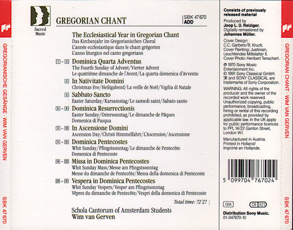 Schola Cantorum Of Amsterdam Students - Wim van Gerven : Gregorian Chant:  The Ecclesiastical Year In Gregorian Chant (CD, RM)