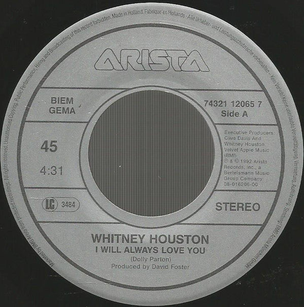 Whitney Houston : I Will Always Love You (7", Single)