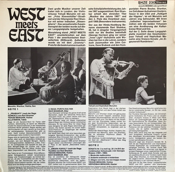 Yehudi Menuhin Violine Ravi Shankar Sitar Alla Rakha Tabla Prodyot Sen Tanpura Hephzibah Menuhin : West Meets East (Ein Musikalisches Zusammenspiel) (LP, Album)