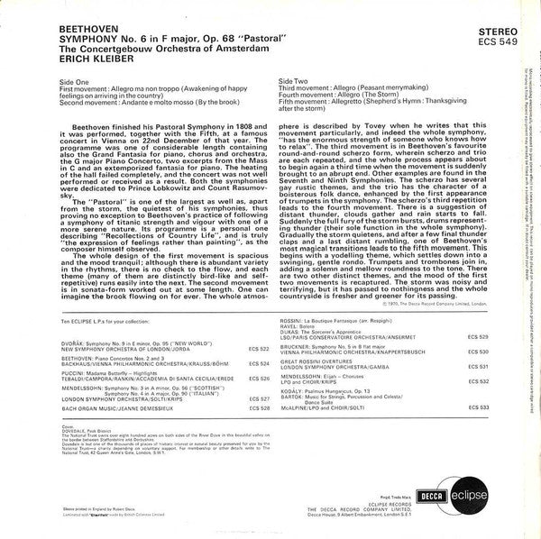 Ludwig van Beethoven, Concertgebouworkest, Erich Kleiber : Symphony No 6 "Pastoral" (LP, RE, RM)