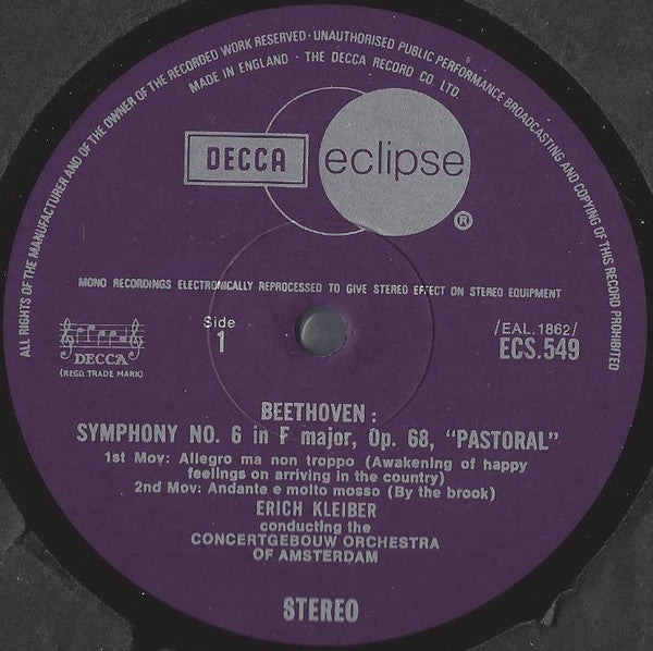 Ludwig van Beethoven, Concertgebouworkest, Erich Kleiber : Symphony No 6 "Pastoral" (LP, RE, RM)