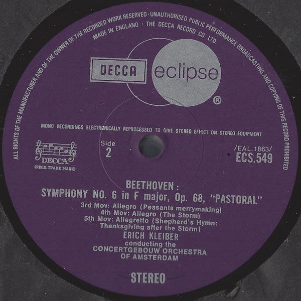Ludwig van Beethoven, Concertgebouworkest, Erich Kleiber : Symphony No 6 "Pastoral" (LP, RE, RM)