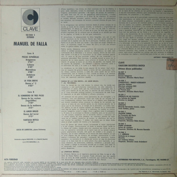 Manuel De Falla, Alicia De Larrocha : Obras Para Piano (LP)