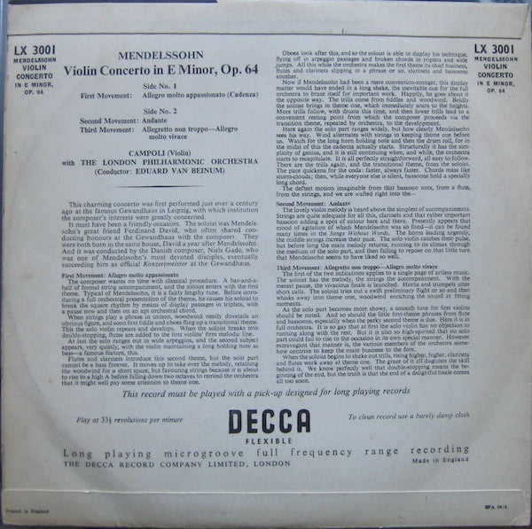 Felix Mendelssohn-Bartholdy, Alfredo Campoli With London Philharmonic Orchestra Conductor: Eduard van Beinum : Concerto For Violin & Orchestra In E Minor, Opus 64 (10", Mono)