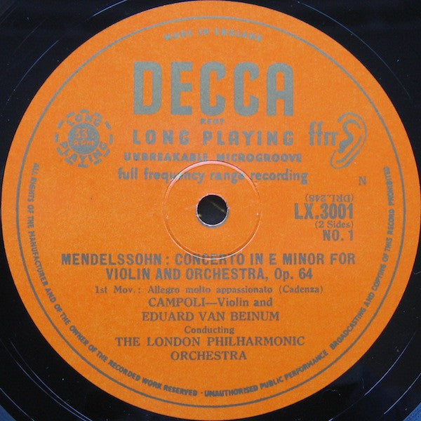 Felix Mendelssohn-Bartholdy, Alfredo Campoli With London Philharmonic Orchestra Conductor: Eduard van Beinum : Concerto For Violin & Orchestra In E Minor, Opus 64 (10", Mono)