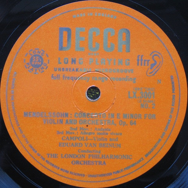 Felix Mendelssohn-Bartholdy, Alfredo Campoli With London Philharmonic Orchestra Conductor: Eduard van Beinum : Concerto For Violin & Orchestra In E Minor, Opus 64 (10", Mono)