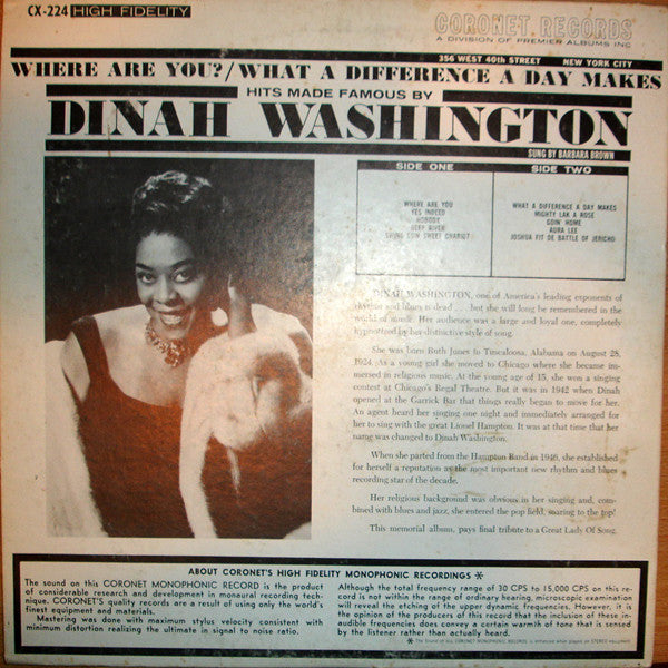 Barbara Brown (3) : Hits Made Famous By Dinah Washington (LP, Album)