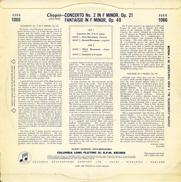 Frédéric Chopin - Witold Malcuzynsky with Philharmonia Orchestra Conducted by Paul Kletzki : Piano Concerto No. 2; Fantaisie In F Minor Op. 49 (LP, Mono)