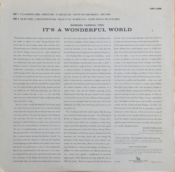 Barbara Carroll Trio : It's A Wonderful World (LP, Album, Mono)