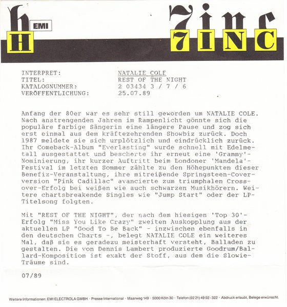 Natalie Cole : Rest Of The Night (7", Single)