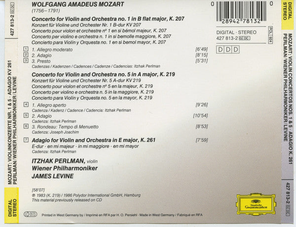 Itzhak Perlman : Wolfgang Amadeus Mozart Violinkonzerte Violin Concertos Nos. 1 & 5 Adagio Fur Violine Und Orchester KV261 (CD, Album, RE)