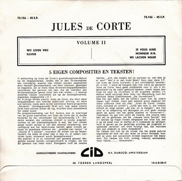 Jules de Corte : Levensliedjes Volume II (7", EP, RE)