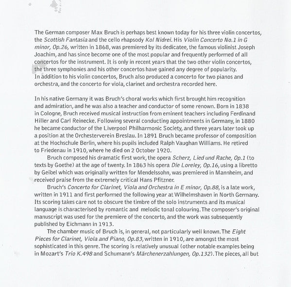 Max Bruch, Paul Meyer, Gérard Caussé, François-René Duchâble, Orchestre De L'Opéra De Lyon, Kent Nagano : Concerto For Clarinet, Viola & Orchestra / 8 Pieces For Clarinet, Viola & Piano / Romance For Viola & Orchestra (CD, RE)